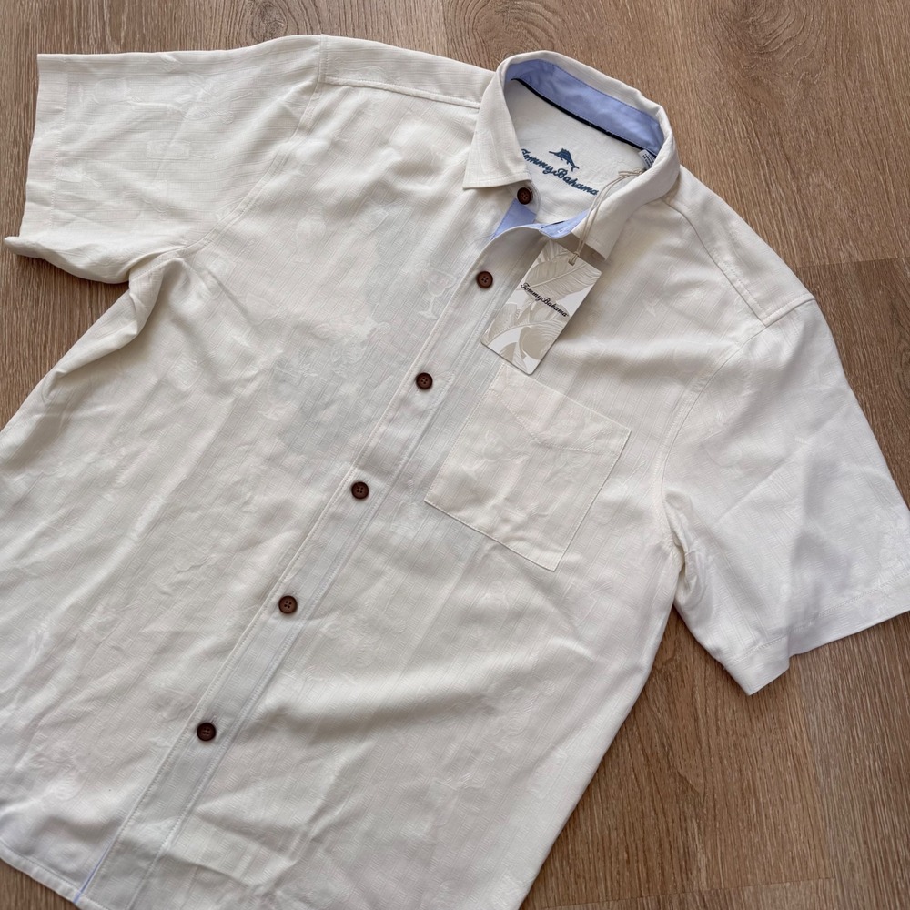 Tommy Bahama Lets Mix and Mingle Silk Camp Shirt Mens M White Embroidered NWT